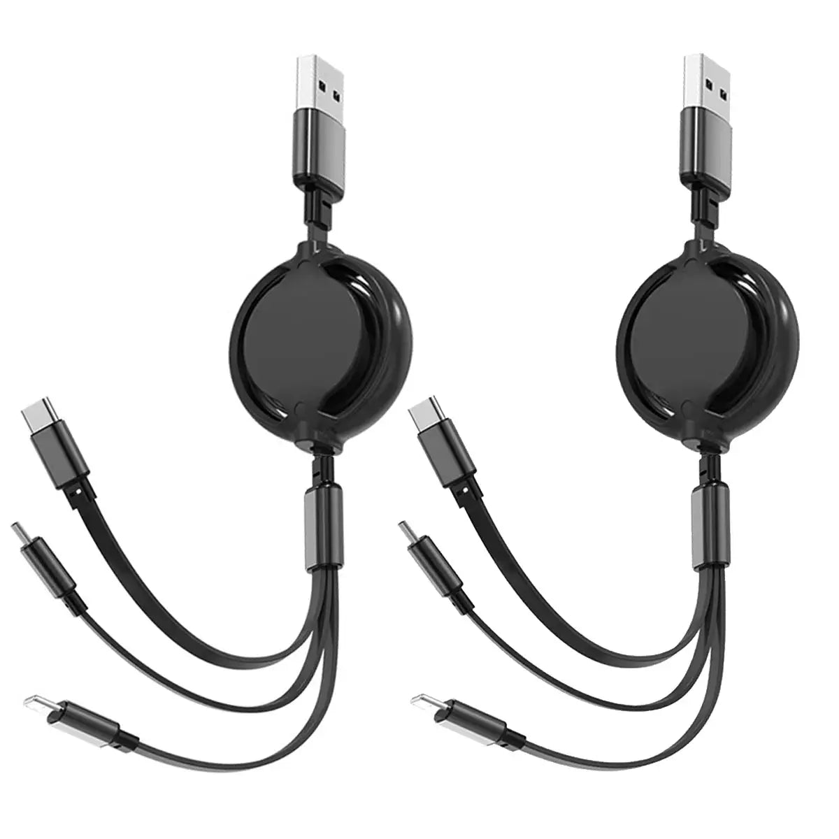 3-in-1 retractable USB charging and data cable, fast charge, compatible with iPhone, Samsung, Huawei, Xiaomi (2-pack)