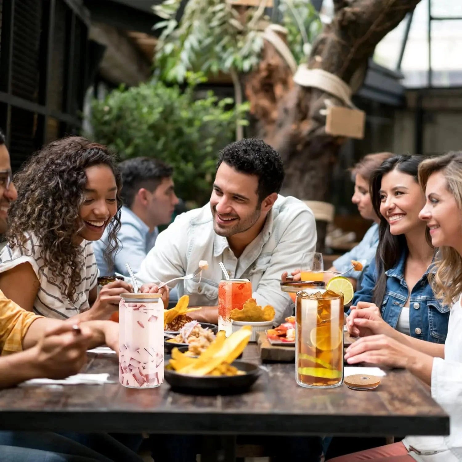 Glass Cups 4 Pack with Bamboo Lids and Reusable Straws