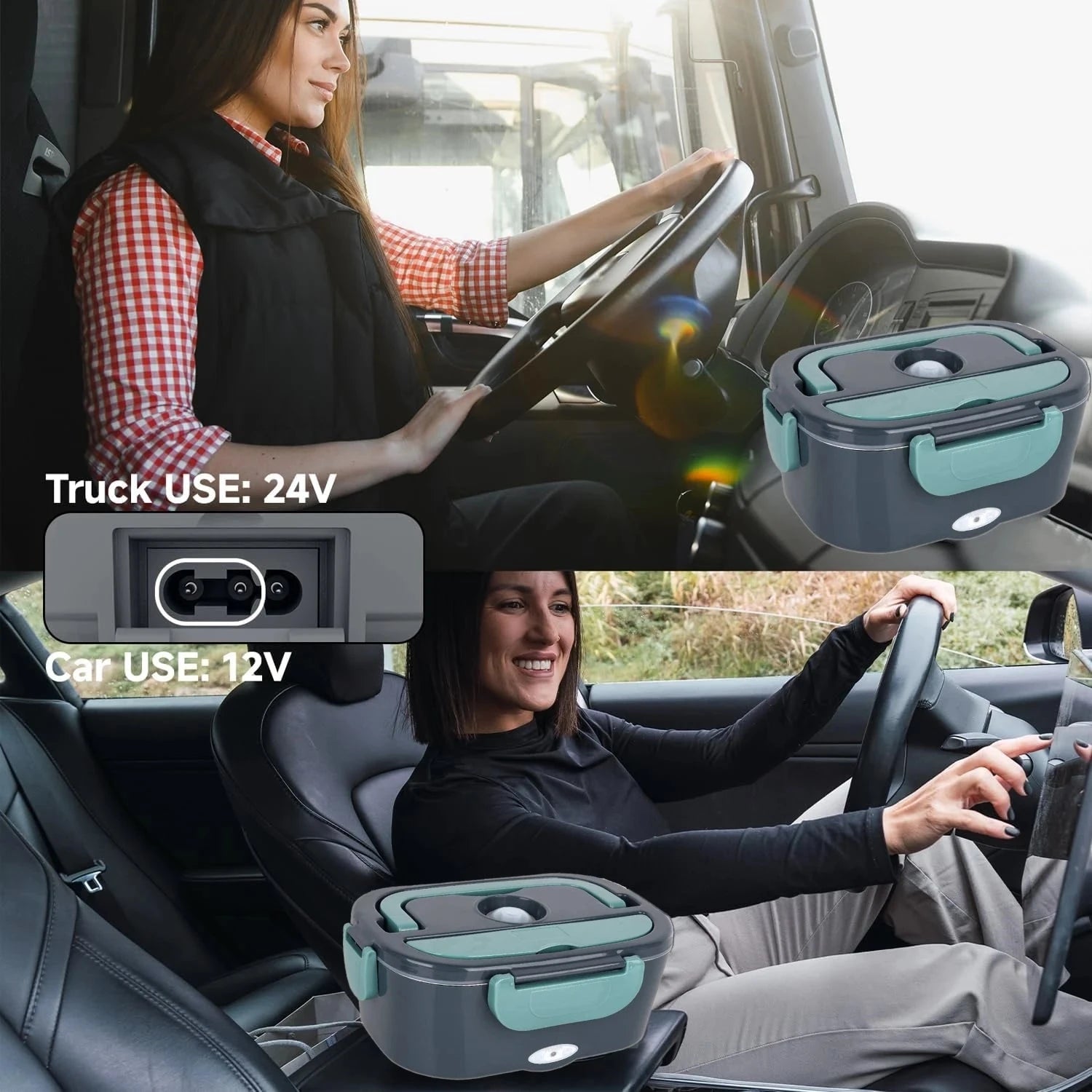 Electric lunch box used in car and truck with 12V and 24V compatibility, ideal for drivers needing hot meals on the go.