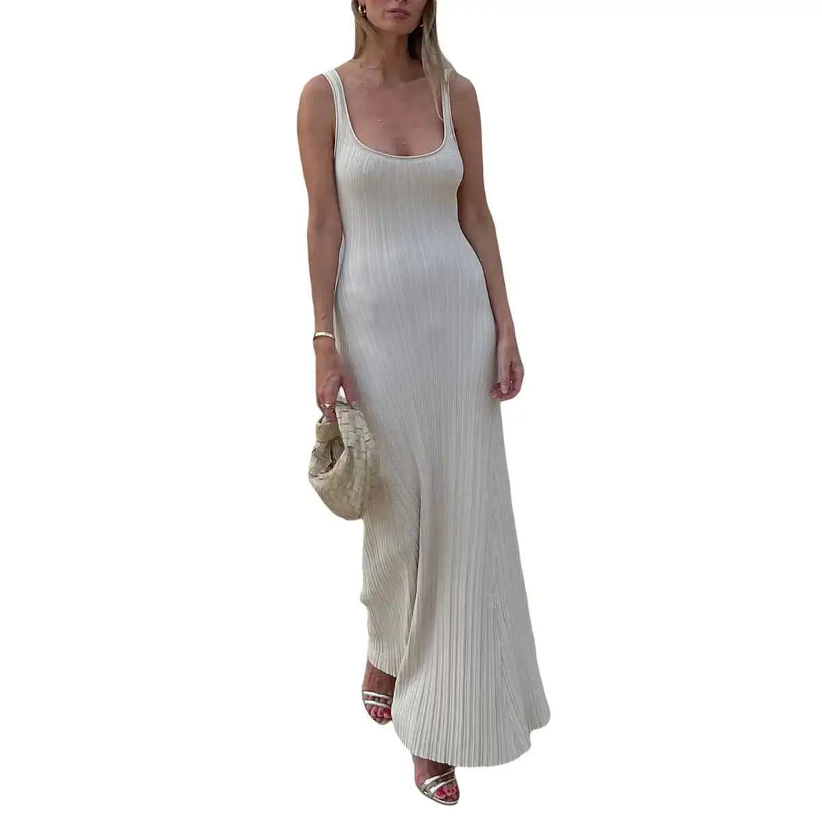 Isolated view of cream women’s knit tank dress with sleeveless U-neck and ankle-length design, perfect for summer beach parties.