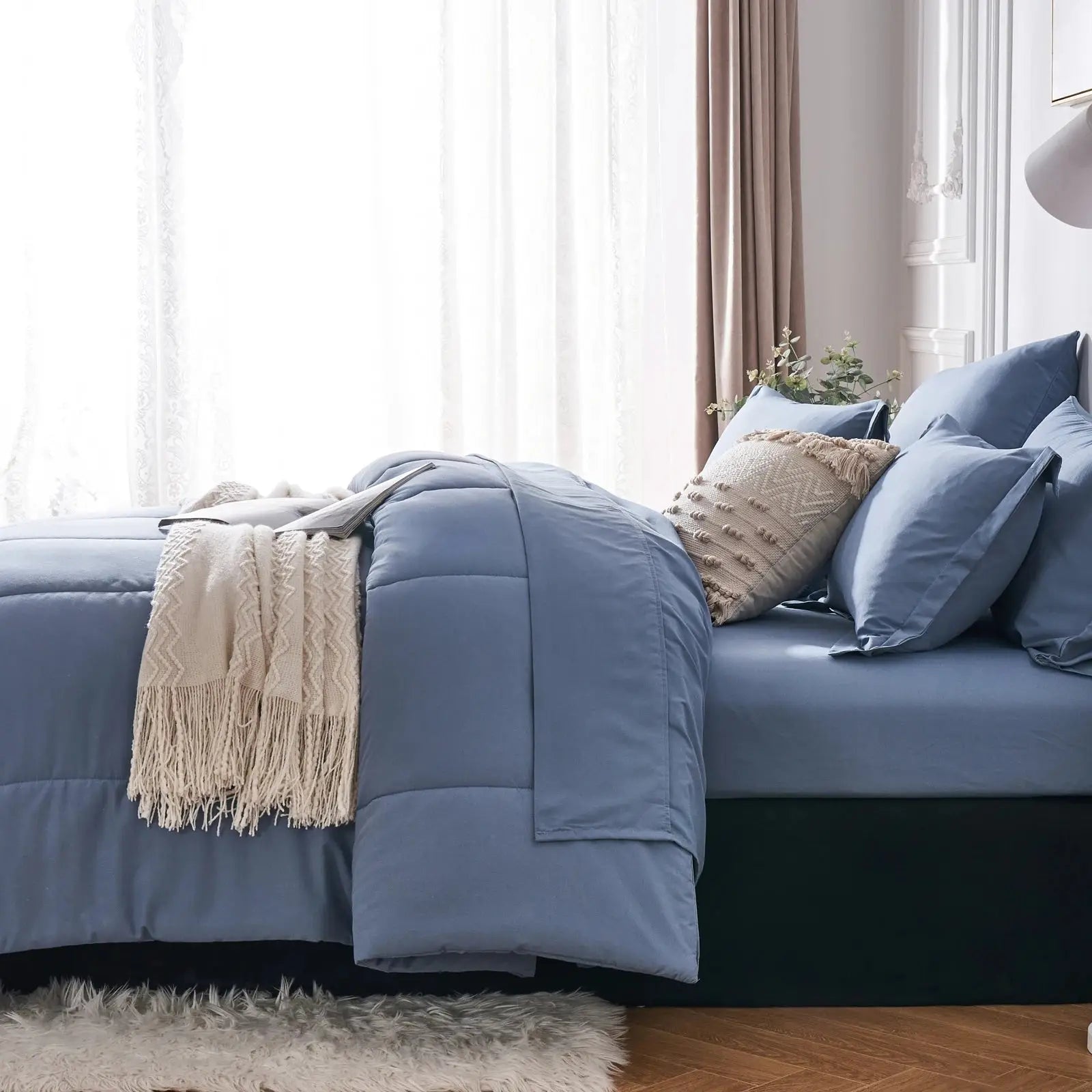 7-piece Queen bed-in-a-bag set with solid geometric comforter, sheets and pillowcases included