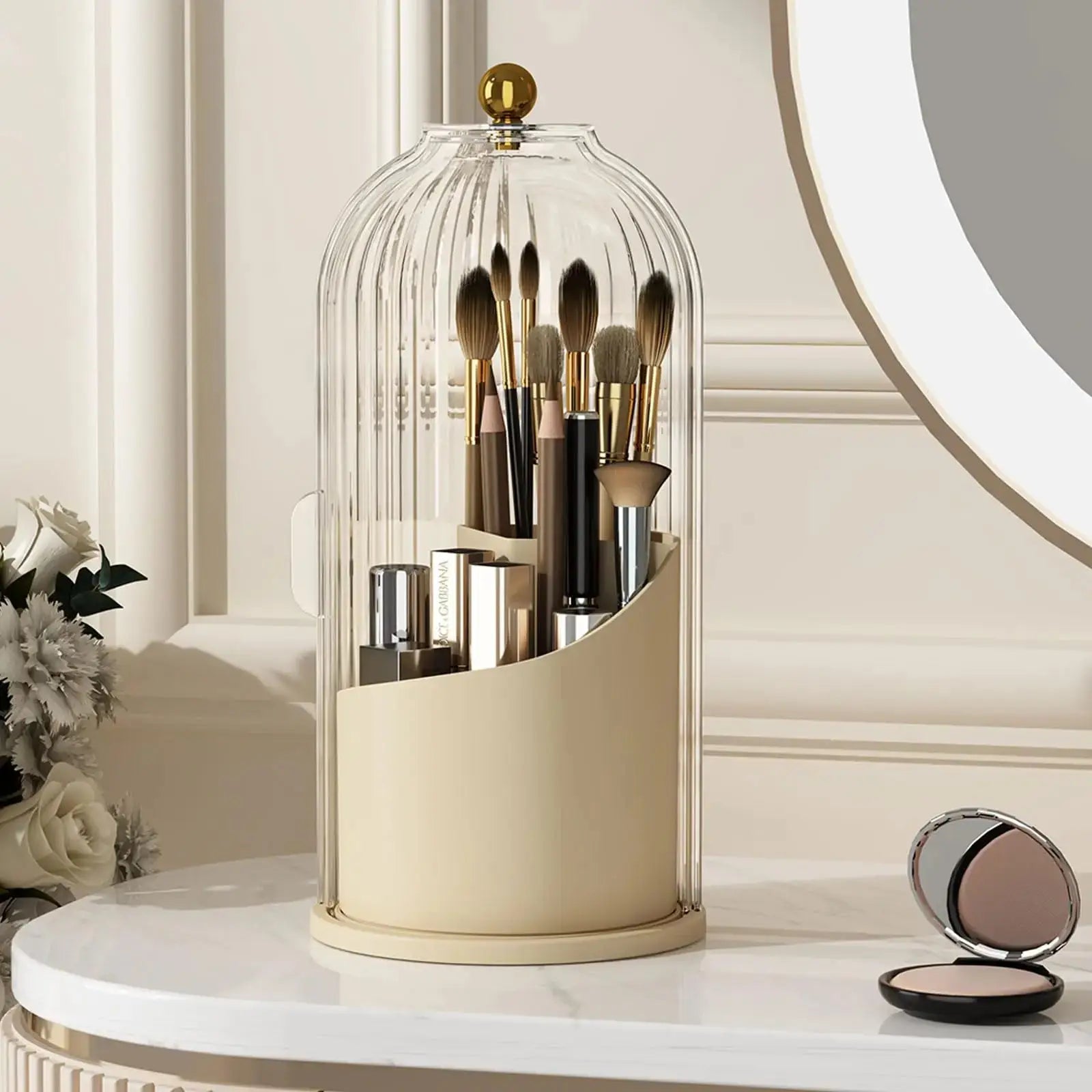 360° Rotating Makeup Brush Organizer with Lid Clear Dustproof Holder