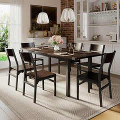 Contemporary 7-piece dining table with 6 chairs in dark wood finish.