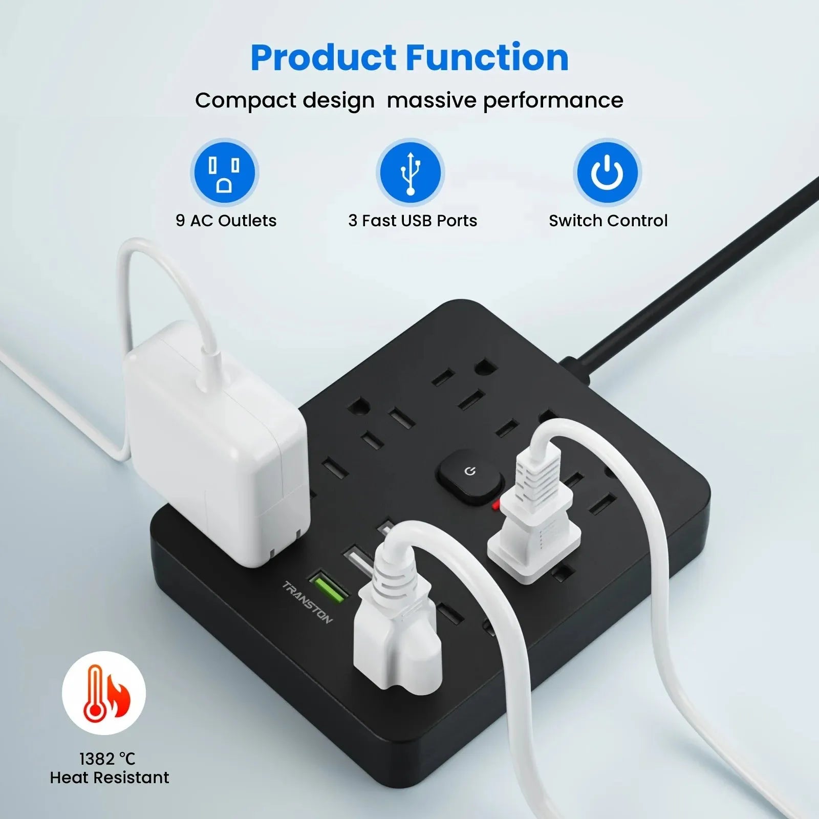 Power Strip Surge Protector 9 Outlet 3 USB Long Cord