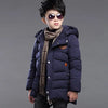 Navy hooded winter jacket with scarf for kids