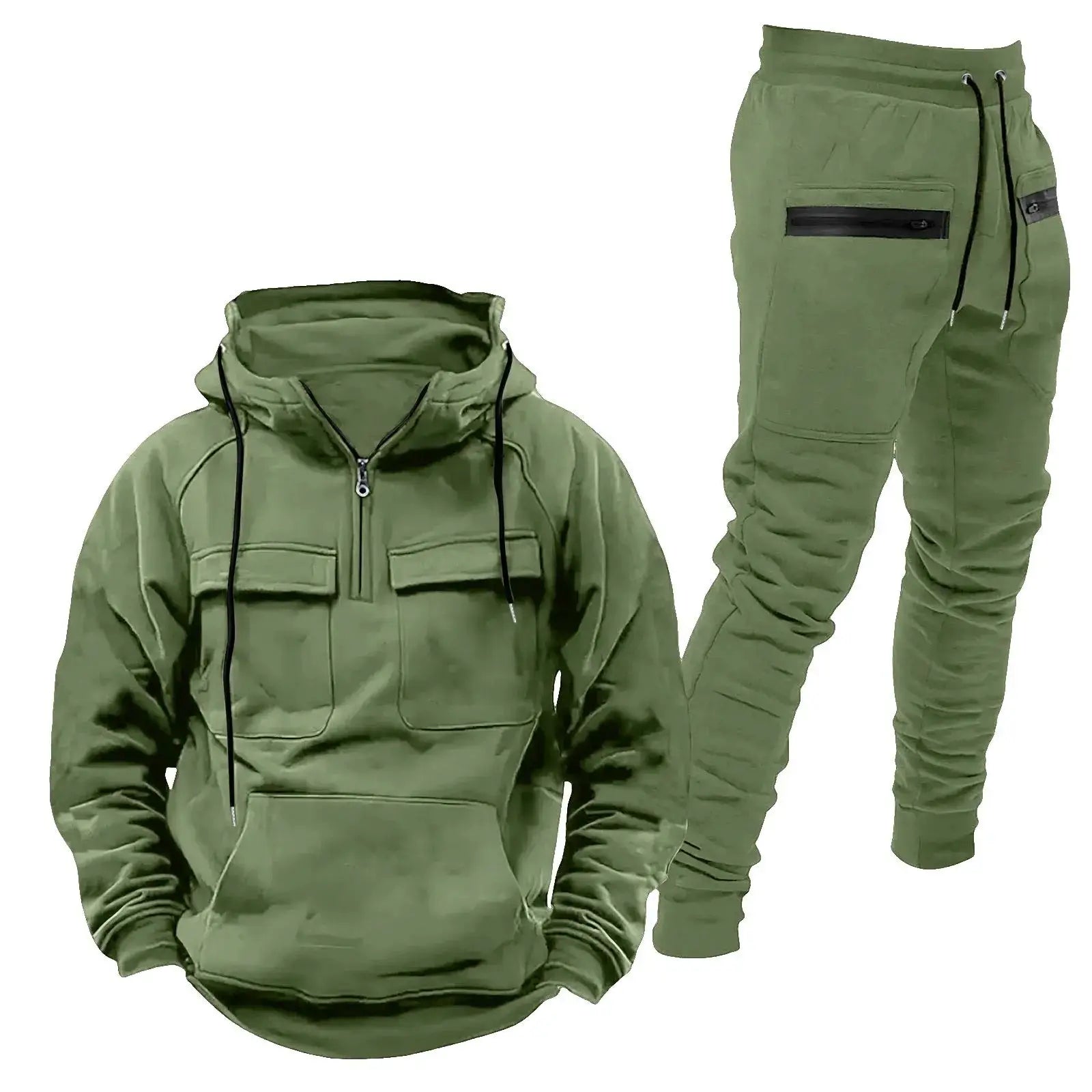 Green men’s 2-piece tracksuit with a half-zip hoodie and drawstring pants, designed for comfort during training or everyday wear.