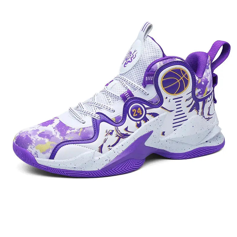 Purple graffiti high-top men's basketball shoe with breathable mesh and rubber sole, perfect for outdoor court performance.