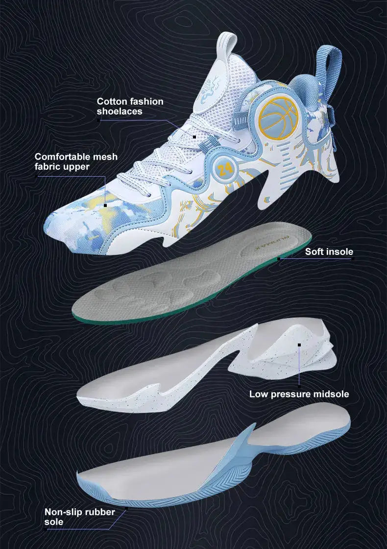 Exploded view of men's breathable basketball shoes showing cotton laces, mesh upper, soft insole, and low-pressure midsole construction.