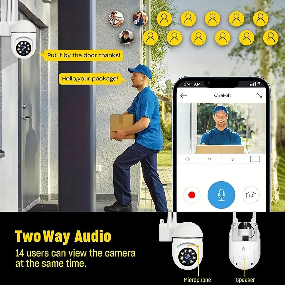 WiFi Security Camera 1080P HD with 2-way audio and multi-user access, shown monitoring a delivery at the front door via smartphone app in real-time.