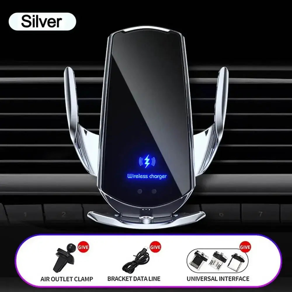 Silver 15W fast wireless charger with smart sensor and auto-clamping stand, compatible with iPhone and Android, includes mount kit.