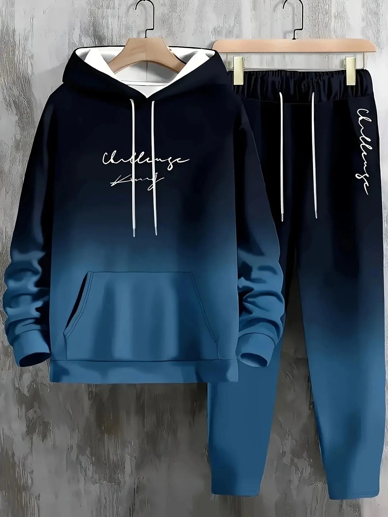 Plus size men’s casual set, letter print hoodie and sweatpants, blue-black gradient, 2-piece outfit for autumn and winter