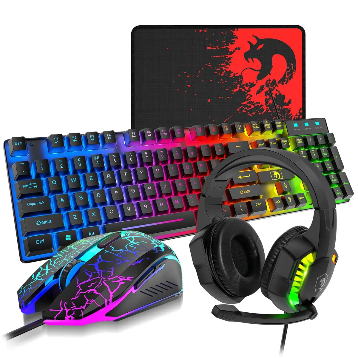 Gaming Combo Set, Wired Keyboard and Mouse with Rainbow LED Backlit and Headset for PC and Console
