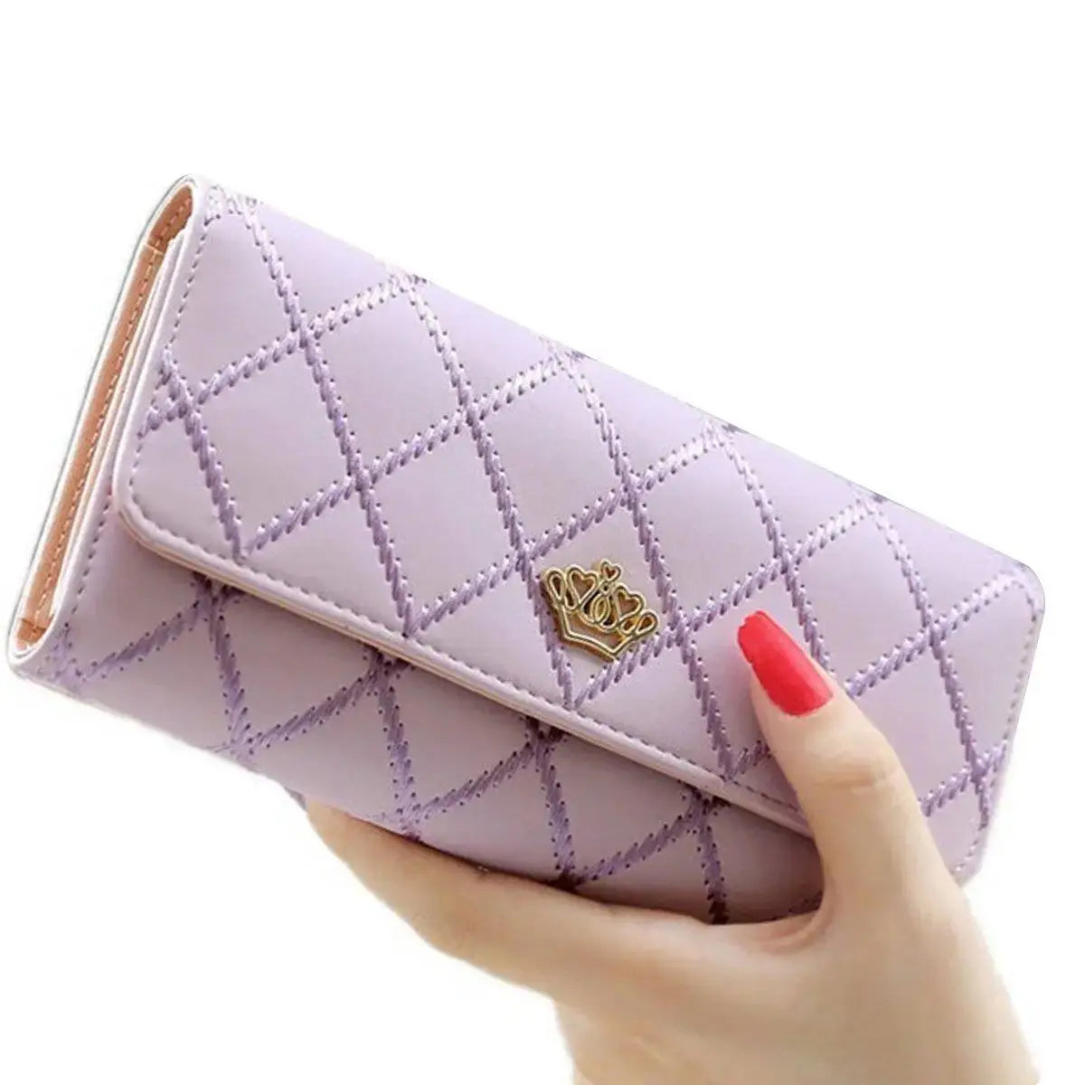 Women’s long PU leather wallet with crown detail, bifold card holder and phone organizer purse for daily use