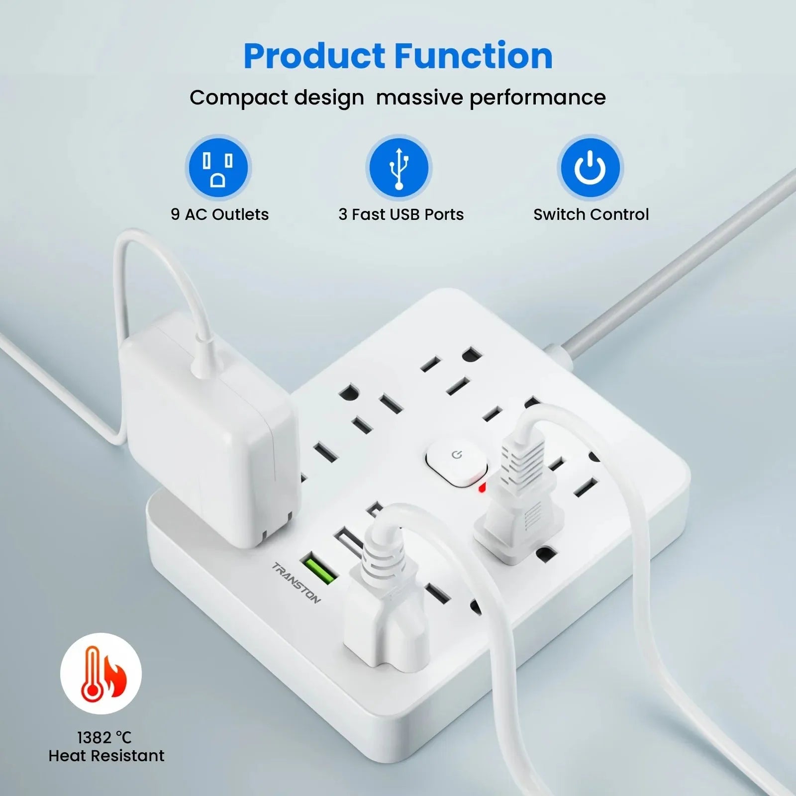 Power Strip Surge Protector 9 Outlet 3 USB 10ft Long Cord