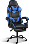 Blue and black ergonomic gaming chair with footrest