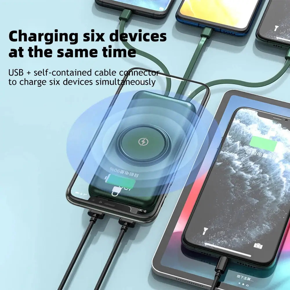 Wireless Power Bank 20000mAh Fast Charging with Built-in 4 Cables for iPhone 13–15 & Android Devices