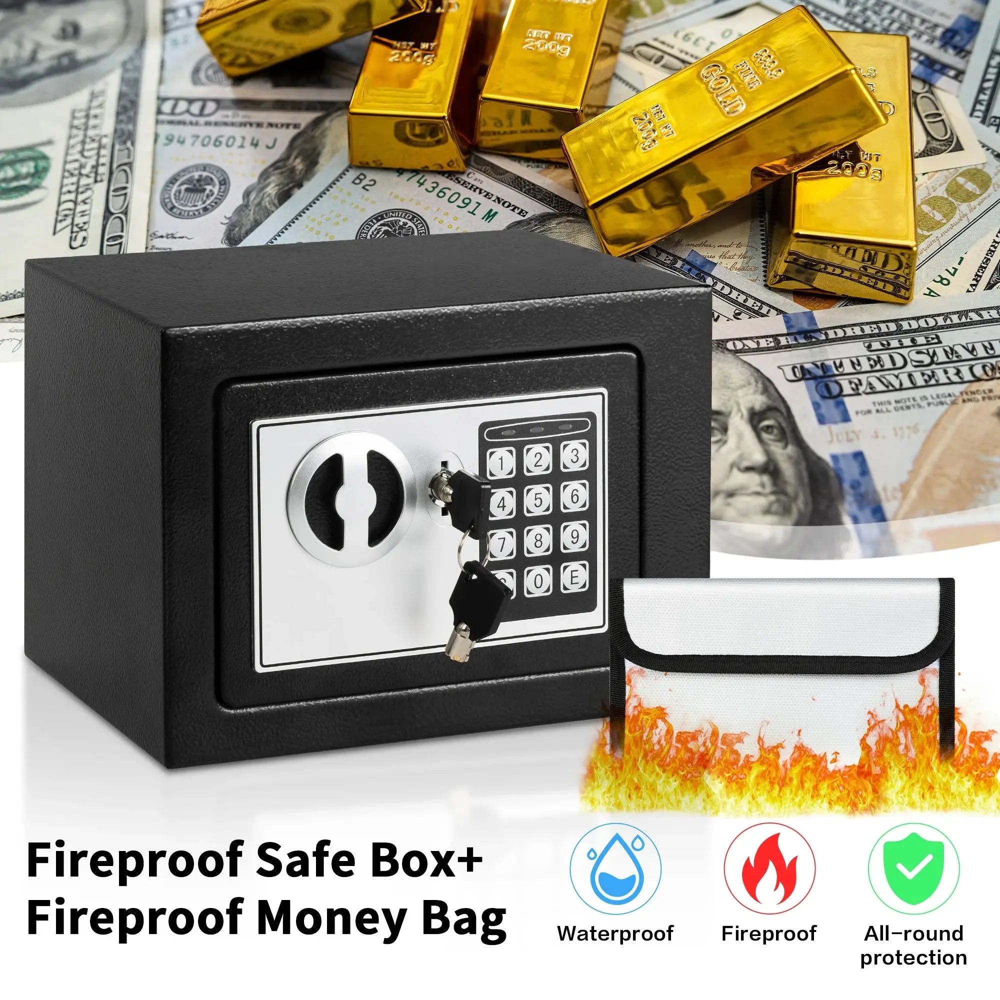 Deli 0.2 cu ft digital steel safe box with fireproof money bag, secure home storage for cash and hidden valuables
