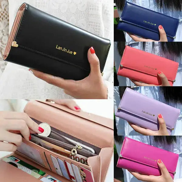 Women's Long PU Leather Trifold Wallet with Card Holder and Phone Pocket in multiple colors including black, pink, blue, and purple, ideal for daily use.