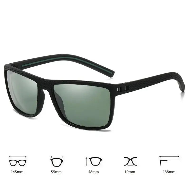 Dark green G15 vintage square polarized sunglasses with UV400 lenses and frame measurements, designed for men and women’s outdoor fashion.