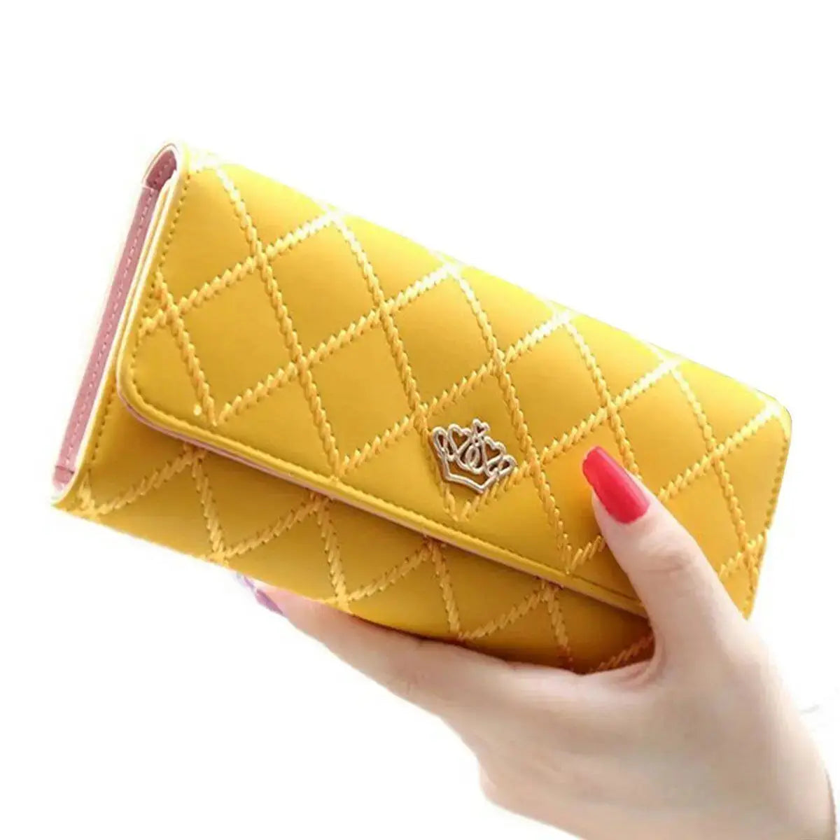 Women’s long PU leather wallet with crown detail, bifold card holder and phone organizer purse for daily use