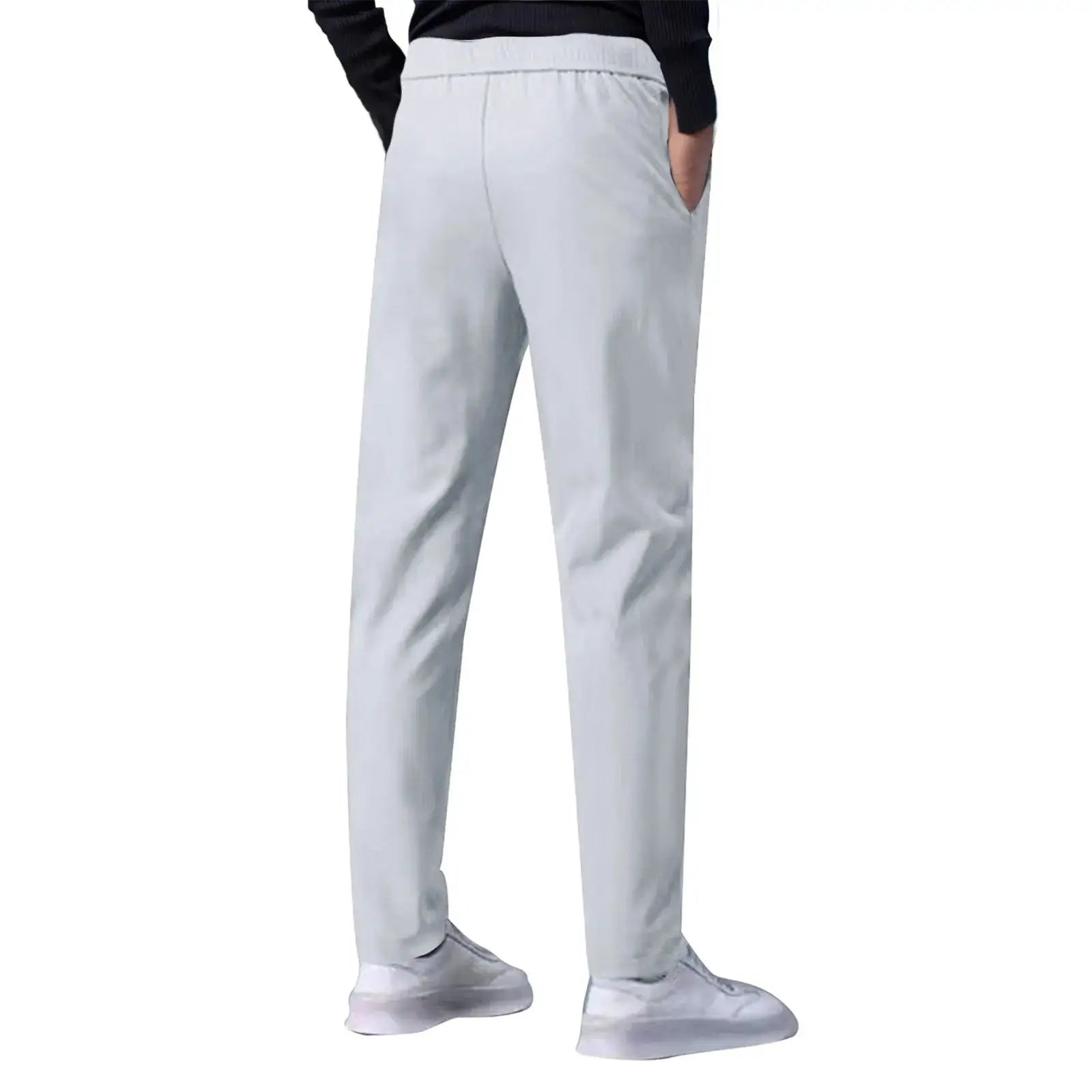 Back view of light gray men’s quick-dry stretch pants with breathable ice silk fabric, mid-waist fit and straight-leg design for daily wear.