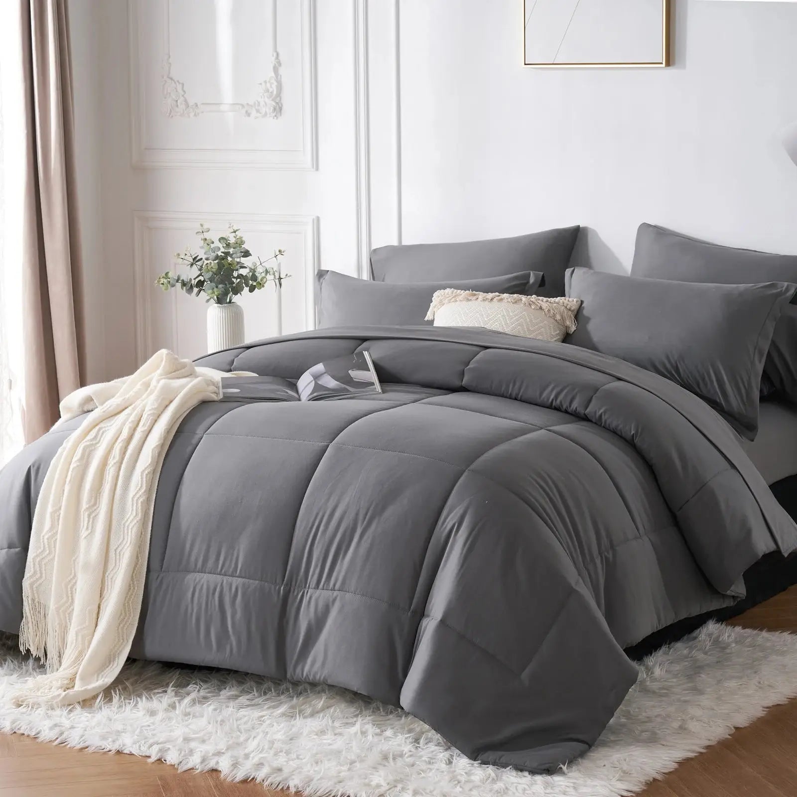 7-piece Queen bed-in-a-bag set with solid geometric comforter, sheets and pillowcases included