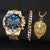 Gold stainless steel watch with blue dial, lion pendant, bracelet