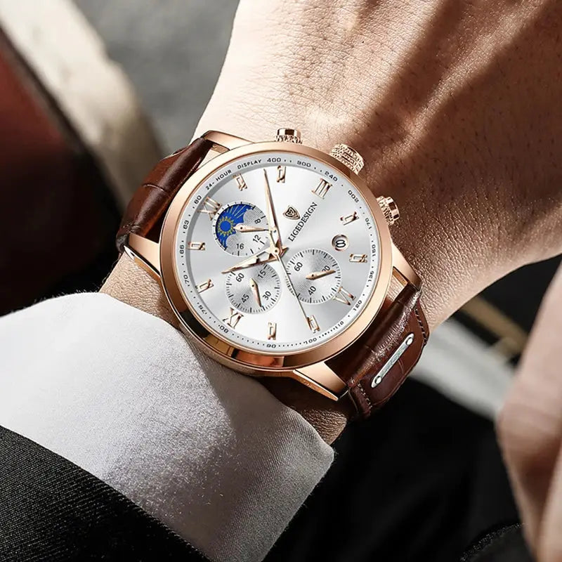 Men’s quartz wristwatch with leather strap, waterproof chronograph, 24-hour moon phase function and casual sports design