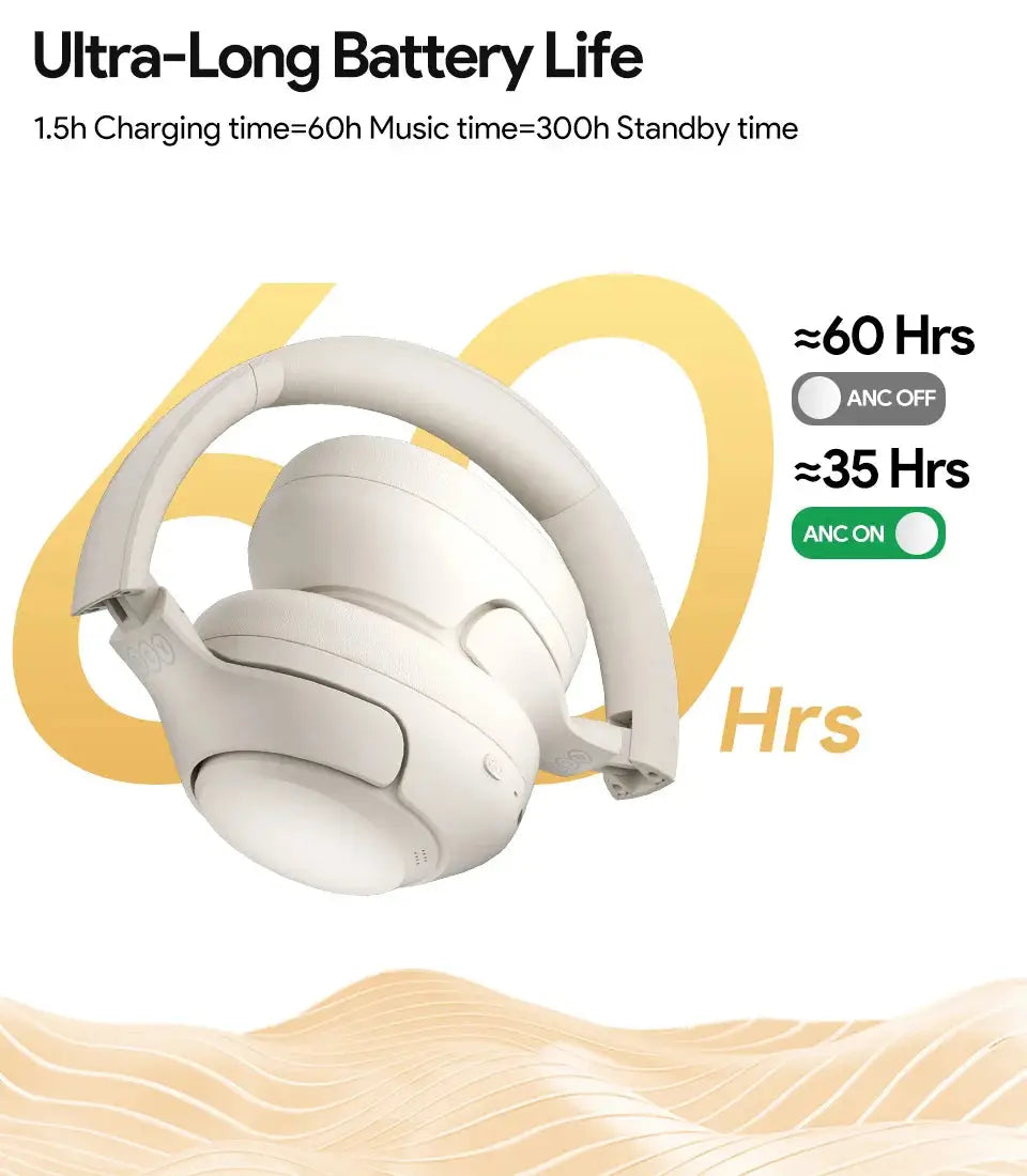 Wireless Over-Ear Headphones Bluetooth 5.4 with 43dB ANC Hi-Res Audio & 60H Playtime