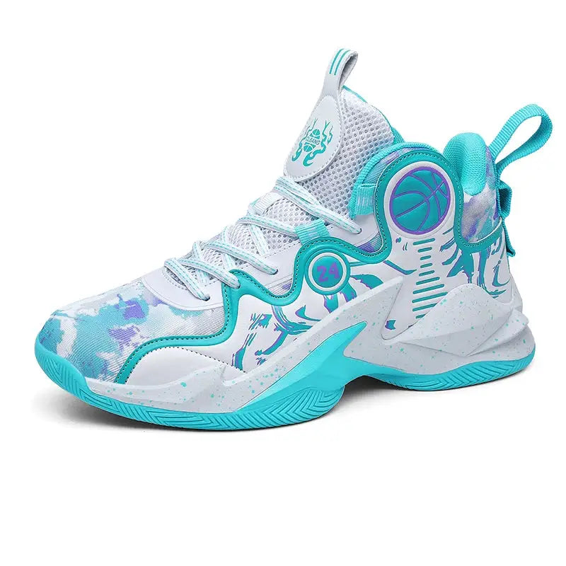 Teal graffiti men's basketball sneaker with breathable mesh and cushioned sole, designed for outdoor training and street fashion.