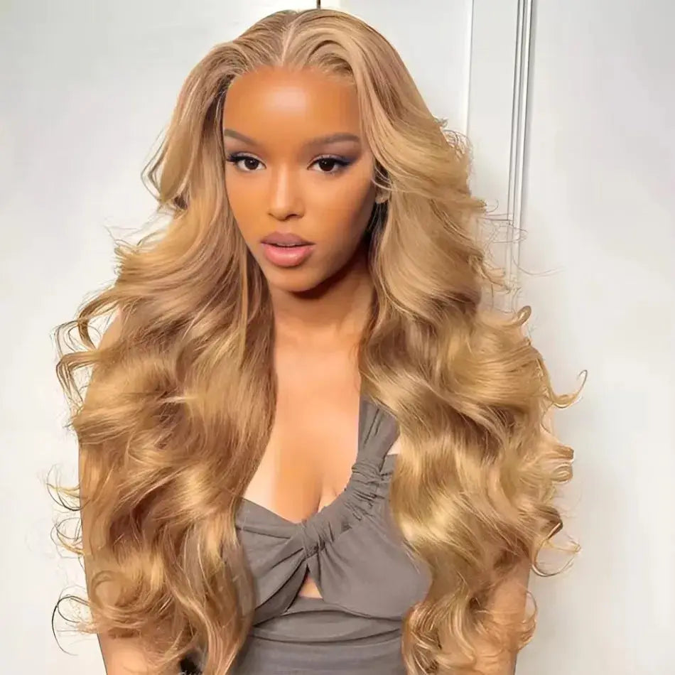 27 honey blonde 13x6 HD lace frontal wig, 200% density body wave, pre-plucked human hair wig