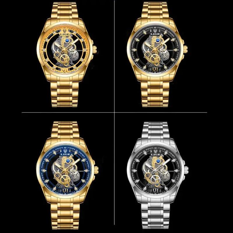 Men’s Skeleton  Watch Luxury Design Quartz Movement Waterproof Gift Box Included