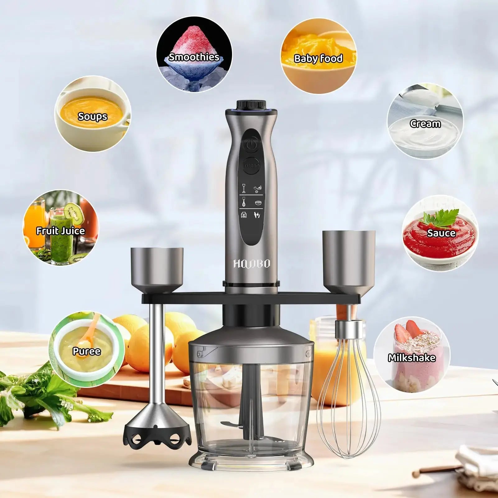 Powerful handheld immersion blender, mixer for vegetables, meat, smoothies, sauces, baby food and soups