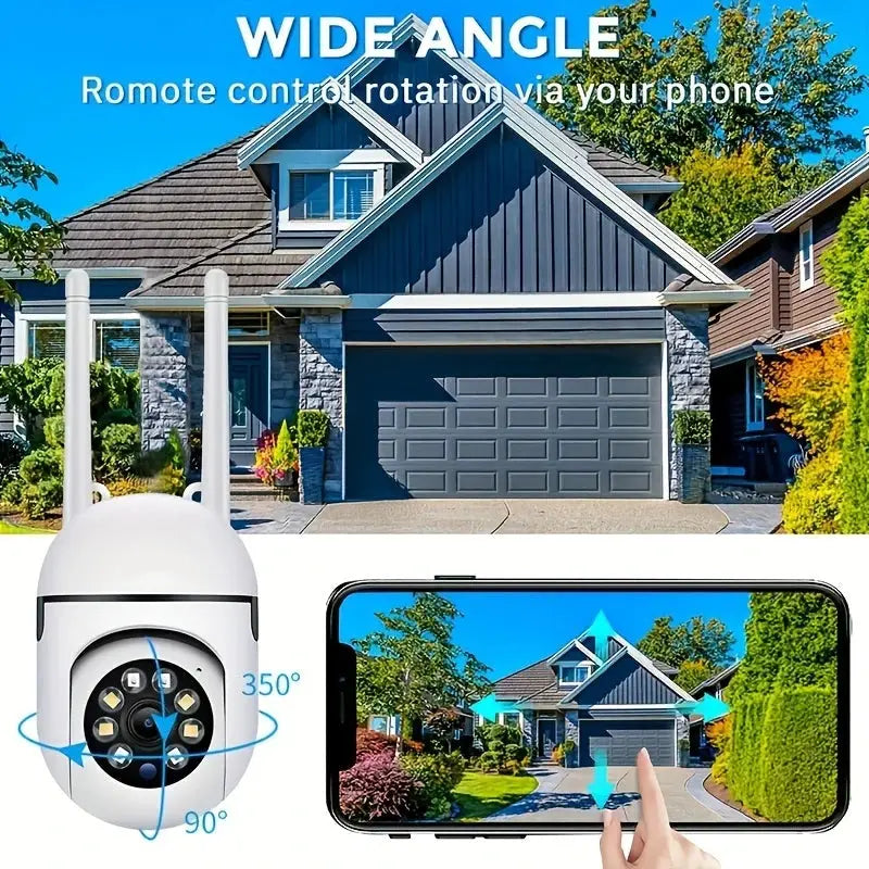 Wide-angle view of WiFi Security Camera 1080P HD monitoring a house, controlled remotely via smartphone with 350° rotation and 90° tilt for full coverage.