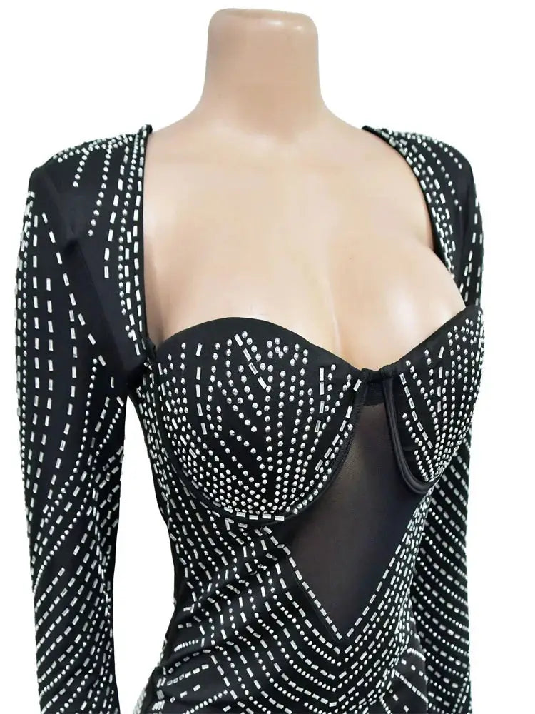 Close-up of Beyprern black rhinestone mini dress showing padded bust and detailed sparkle embellishments, perfect for glamorous events.