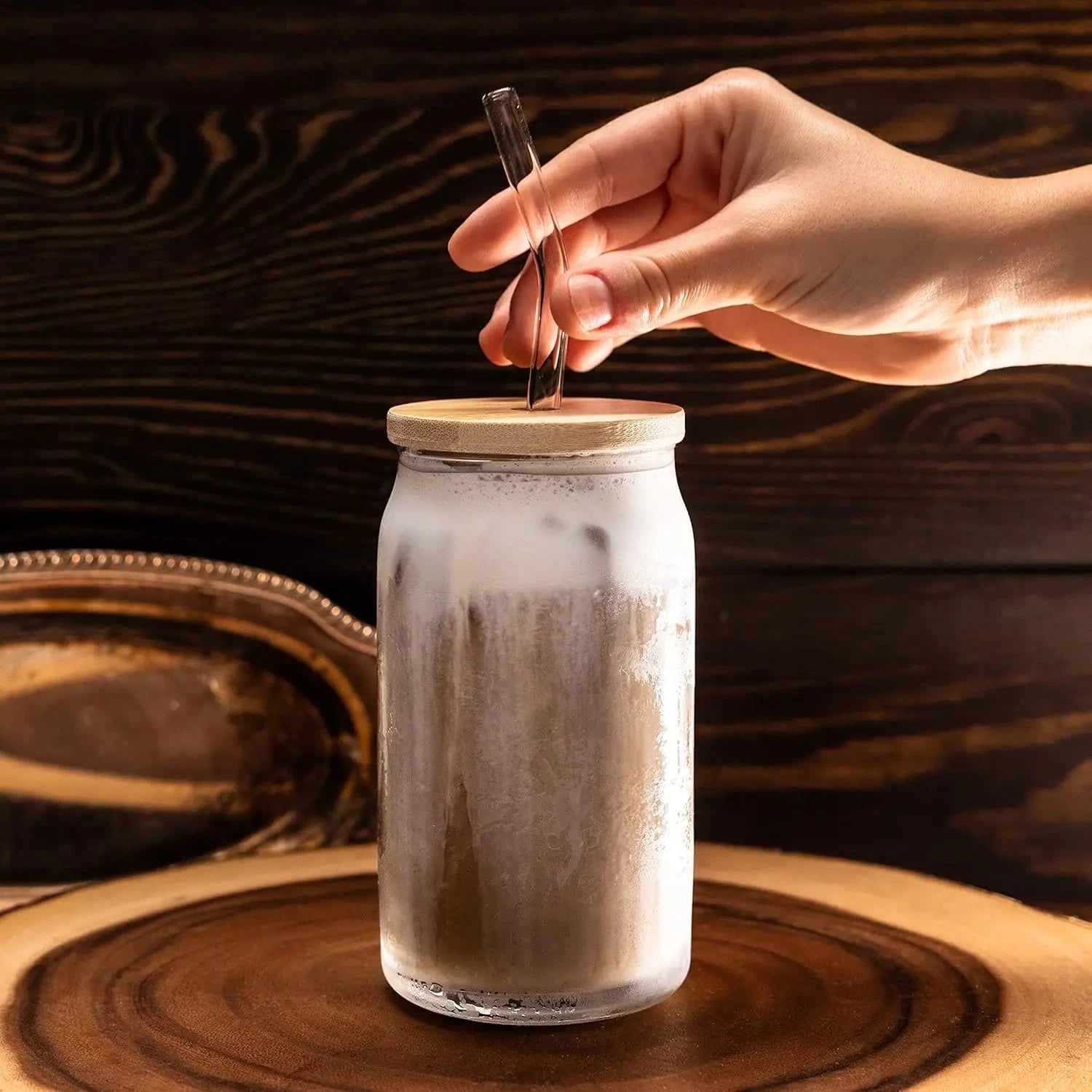 Glass Cups 4 Pack with Bamboo Lids and Reusable Straws