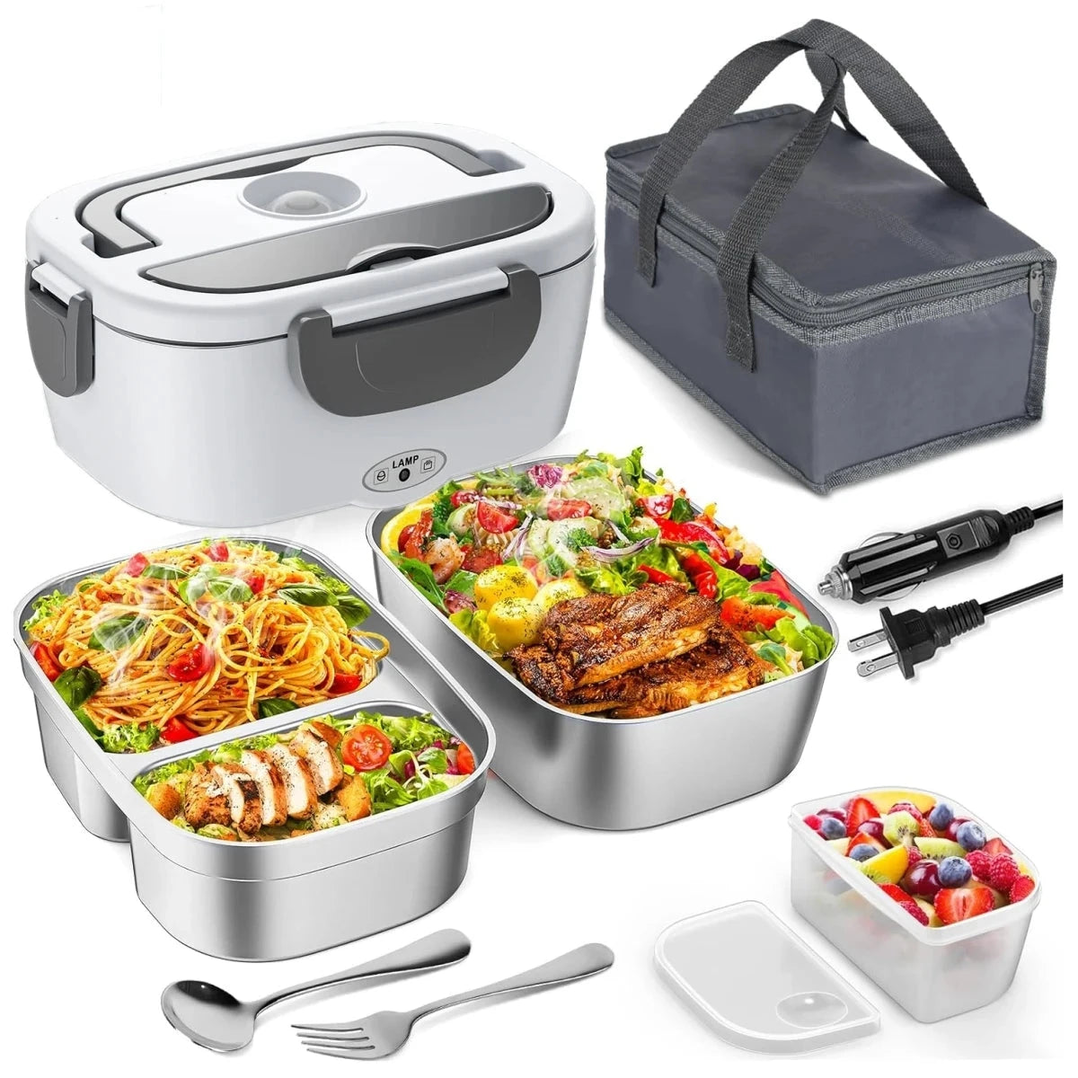 White electric lunch box with 1.5L stainless container, ideal for heating meals at home, office, or in vehicles.