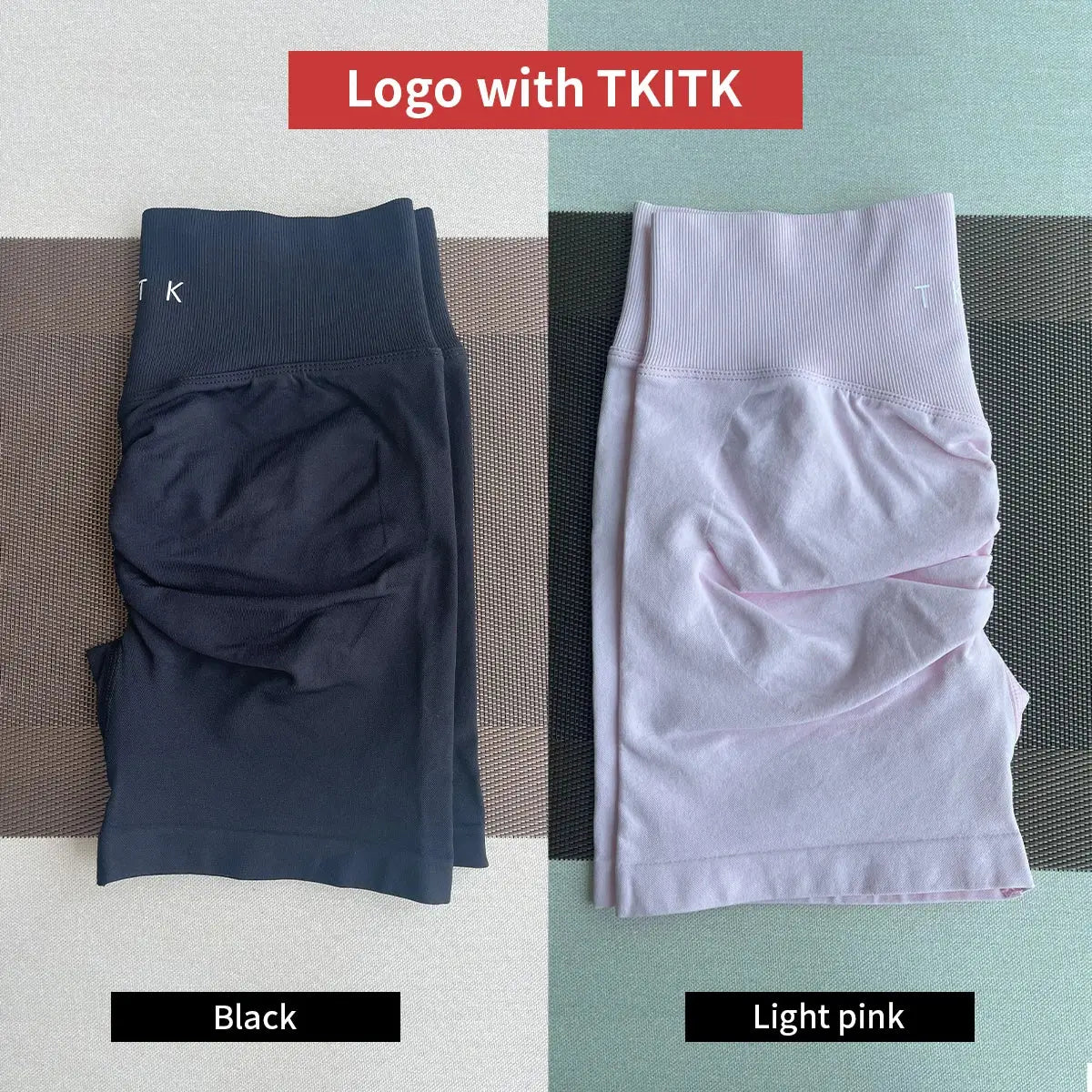 Women's 2-piece seamless workout set featuring soft compression shorts in black with TKITK logo, ideal for gym, running, and activewear.