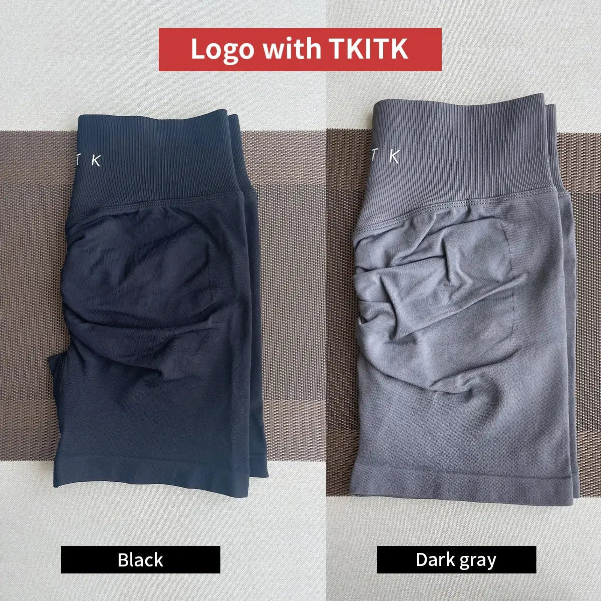 Women's 2-piece seamless workout set featuring soft compression shorts in black and dark gray with TKITK logo, ideal for gym and activewear.
