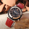 Red leather strap watch with black dial