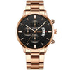 Rose gold luxury watch with black round dial