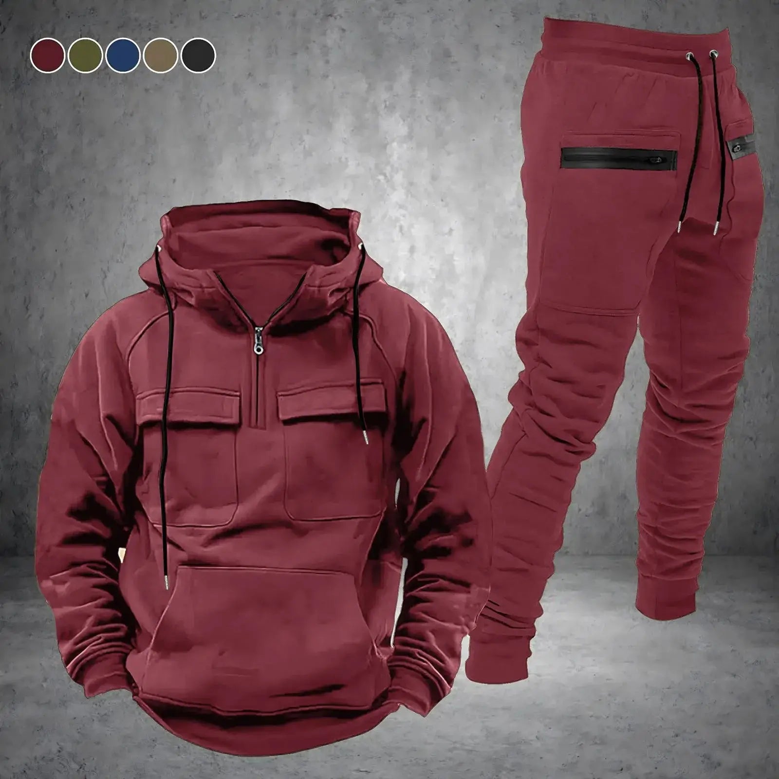 Burgundy men’s 2-piece tracksuit with half-zip hoodie and matching pants, shown with color options for versatile casual or gym wear.