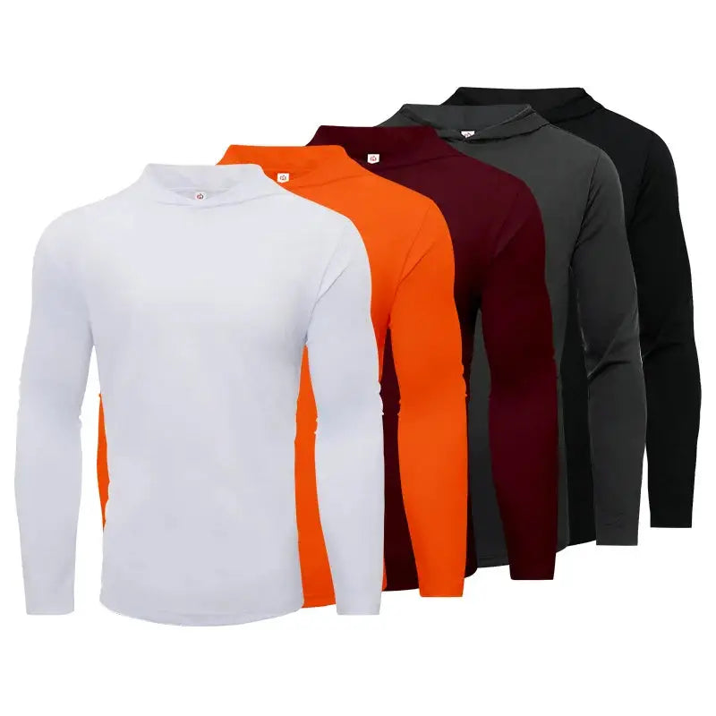 Mens 5-piece sportswear set with long sleeve hooded T-shirts in white, orange, maroon, gray, and black for running and fitness activities.