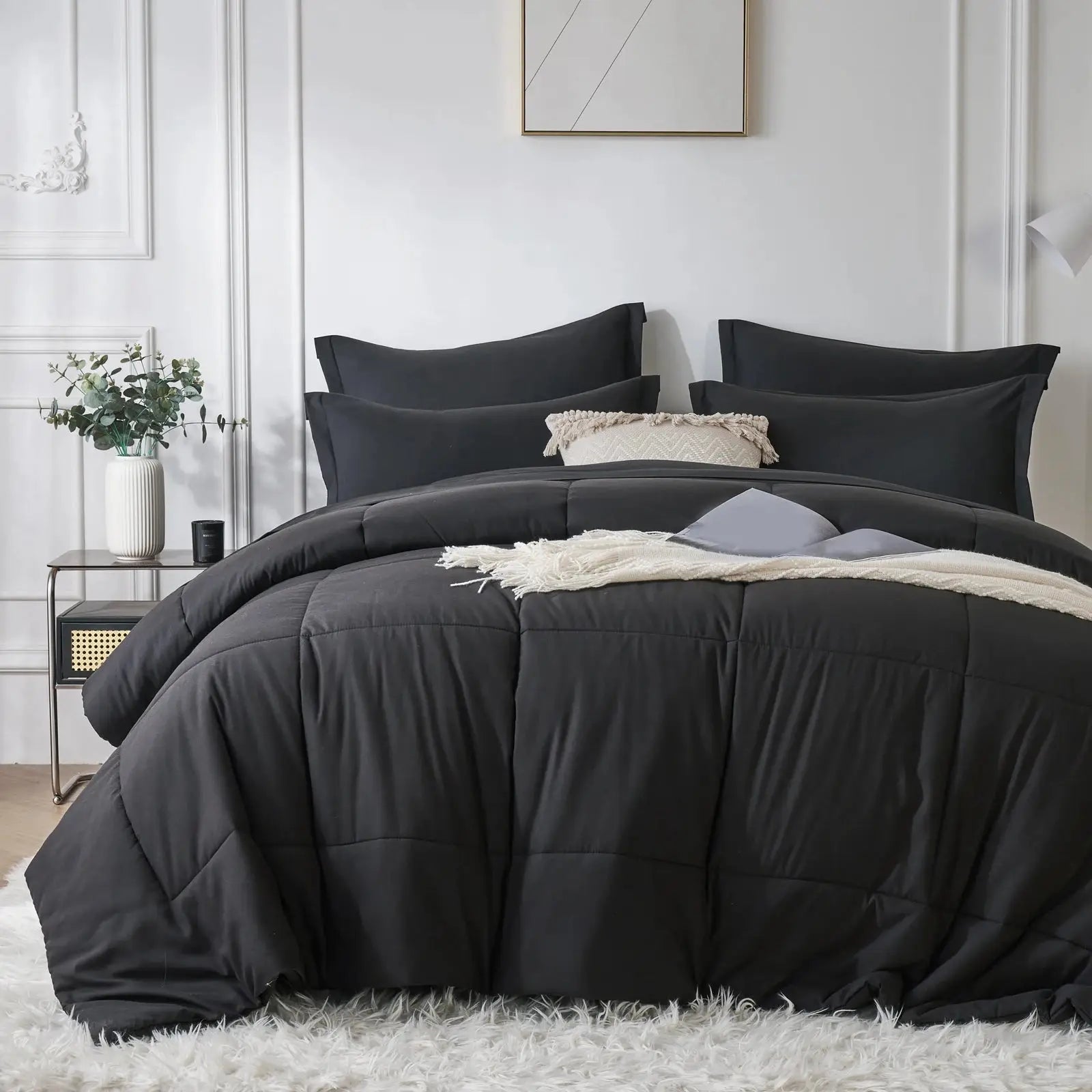7-piece Queen bed-in-a-bag set with solid geometric comforter, sheets and pillowcases included