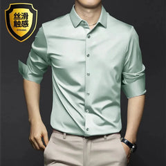 Stylish light green long sleeve men's shirt, perfect for formal events.