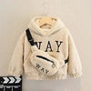 Beige kids' hoodie with 'WAY' lettering and matching bag.