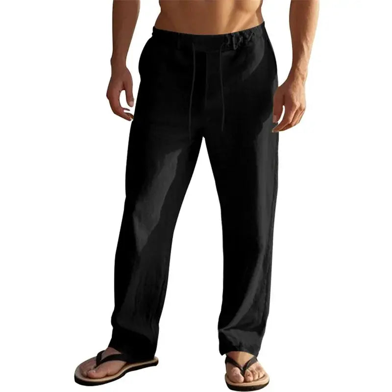 Men's lightweight linen pants in black with drawstring waist and straight-leg fit, ideal for summer beach and casual wear.