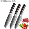 Three Santoku knives with meat and vegetables