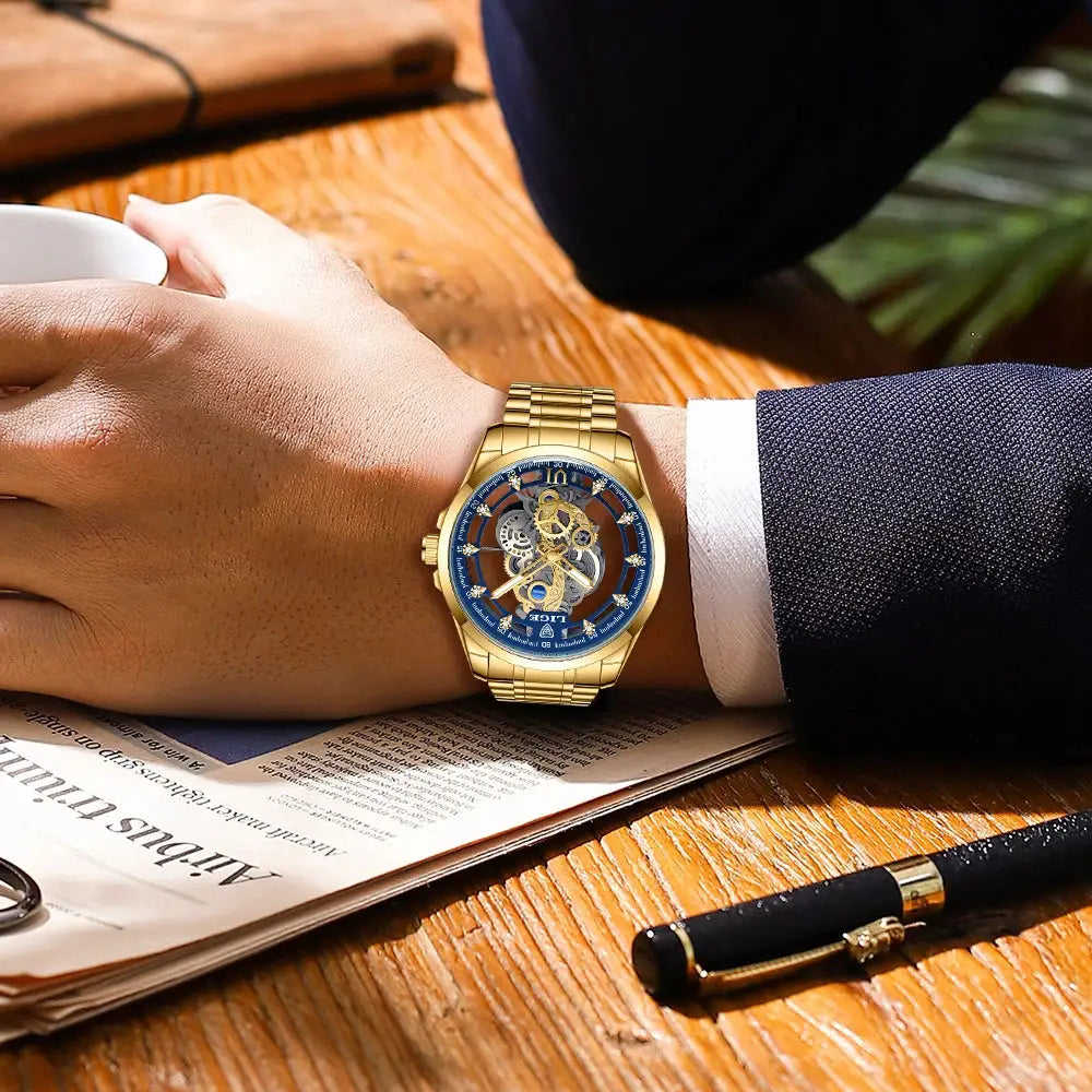Men’s Skeleton  Watch Luxury Design Quartz Movement Waterproof Gift Box Included