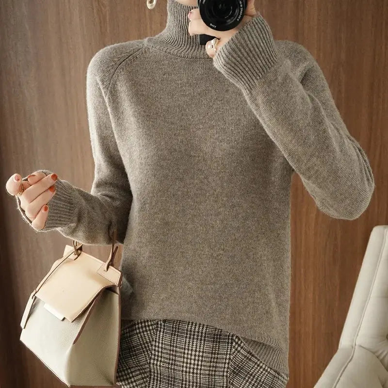 Taupe merino wool sweater with mock neck